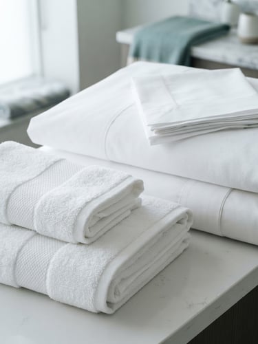 Macro shot of neatly folded white hospitality towels and premium bedding sets under clean neutral daylight, showing crisp fabric textures and clean weave patterns.