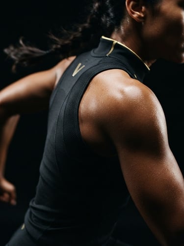 Dramatic low-key fashion photography, close-up of a premium activewear fabric on an athletic model in motion, high-contrast side lighting, deep black tones, 35mm
