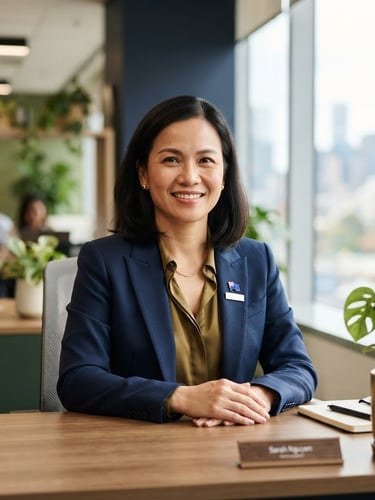 Professional portrait of a MARA-registered immigration consultant, a Vietnamese woman in a light-filled modern office, looking confident and approachable, soft corporate navy and warm green tones, shallow depth of field, 35mm.