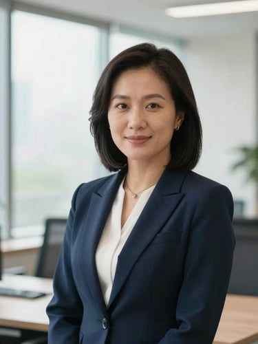 Professional portrait of a Vietnamese female consultant in a modern, light-filled office, looking directly at the camera with a reassuring expression. Natural daylight, shallow depth of field.