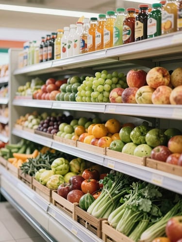 Bright editorial photography of a beautifully organized local grocery store shelf in Ooty, soft morning light, fresh fruits and vegetables in wooden crates, 35mm