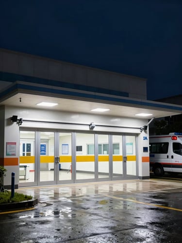 Wide environmental shot of a hospital emergency entrance at night, automatic sliding doors lit by harsh overhead fluorescent light spilling onto wet pavement, a single ambulance bay visible at the right edge, no people, institutional signage unreadable in background, deep navy sky above
