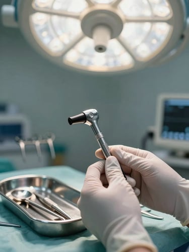 Close detail of gloved hands positioning a laryngoscope on a steel instrument tray under sharp overhead operating-room lighting, other surgical instruments arranged in precise rows behind, no faces visible, clinical fluorescent white light, shallow depth of field