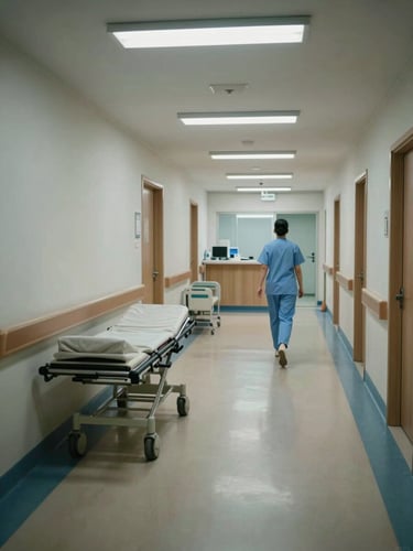 Wide environmental shot of a hospital corridor at night, overhead fluorescent light casting sharp pools on a polished floor, an empty gurney staged-ready against the wall to the left, a nurse in scrubs walking purposefully away from camera toward a lit nursing station at the far end — no posed faces, clinical and real
