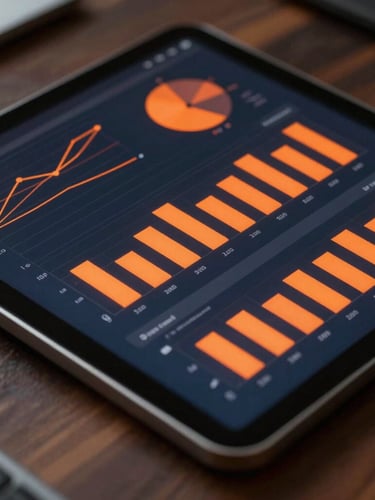 Close-up of a modern tablet displaying glowing orange analytics charts and conversion graphs on a dark wood desk, sharp focus, technical line art overlay