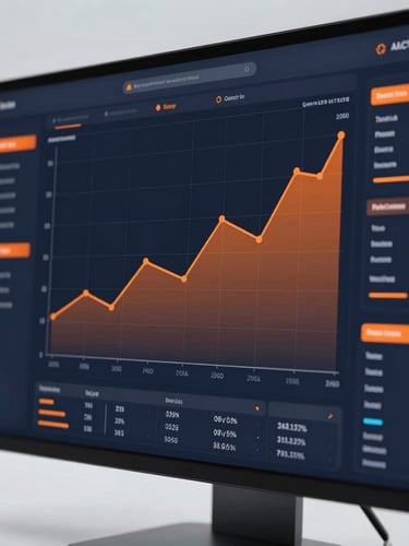 Sleek tech photography of an interactive analytics dashboard on a modern display, crisp studio lighting with vibrant orange accent glows, sharp focus on upward-trending line graphs.