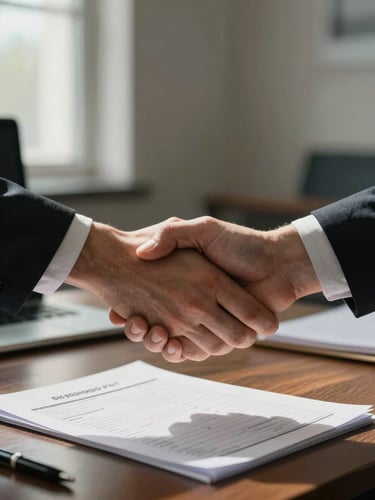 Close-up of two hands shaking across a boardroom table, shipping manifest papers and a pen visible in the foreground, natural window light from the left casting a soft shadow, muted office environment out of focus behind