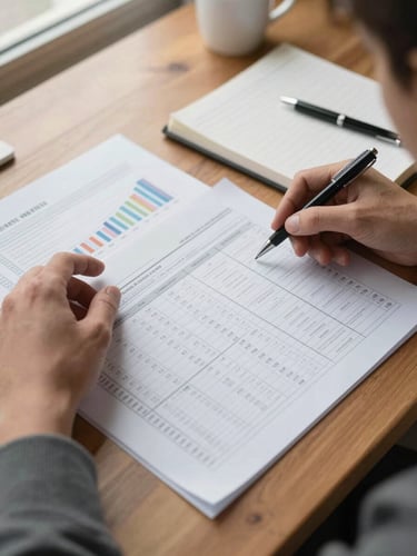 Close overhead shot of hands spreading market research documents and printed data tables across a wide wooden desk under warm window light, a pen resting on an open page, coffee cup at the corner