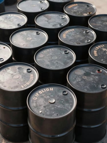 Close overhead shot of stacked black crude oil barrels with grade and origin stenciling visible on barrel heads, daylight industrial ambient, no people