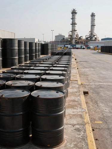 Wide shot of a commercial port at midday, rows of crude oil barrels stacked on a concrete dock in the left foreground, refinery towers visible in the far background under flat industrial light, no people, documentary framing
