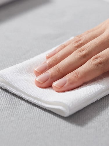 Close-up macro shot of hands performing precise blotting technique with a white microfiber cloth on a structured grey textile surface, diffused daylight