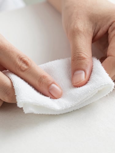 Macro photography of hands using a white microfiber cloth to carefully blot a textile fiber surface under bright, natural daylight, soft focus background, professional editorial style.