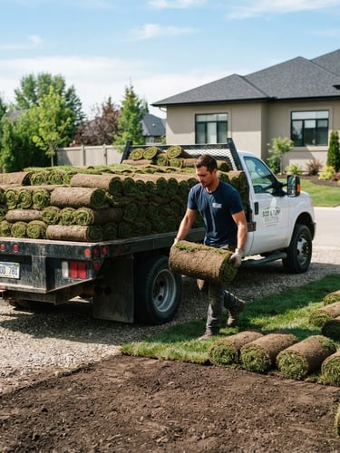 Flatbed truck unloading fresh green grass sod rolls on a residential site, bright daylight, 35mm