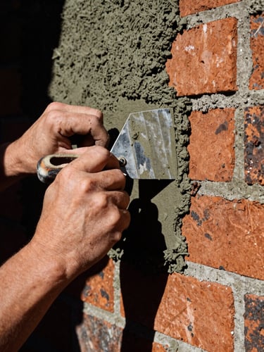 Portrait shot of a mason hand-troweling a lime mortar joint on an old brick wall, close-up on hands and tool, rich textures, high-contrast directional sunlight, 35mm.