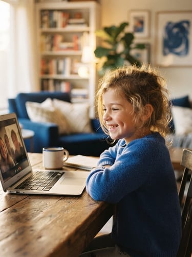 A child smiling warmly at a laptop screen in a cozy, sunlit living room, soft golden-hour window light, royal blue accents in the background, shallow depth of field