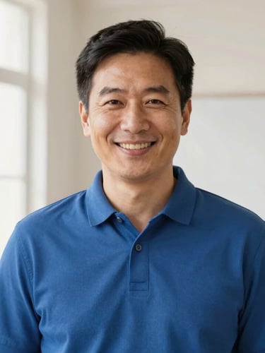 A friendly male teacher in modest attire smiling warmly in a clean, bright studio setting, soft high-key indoor lighting, professional portrait