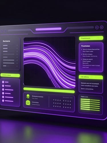 Futuristic 3D render of a complex user interface mockup with glowing violet and lime data flows, high-contrast studio lighting, dark background, ultra-modern