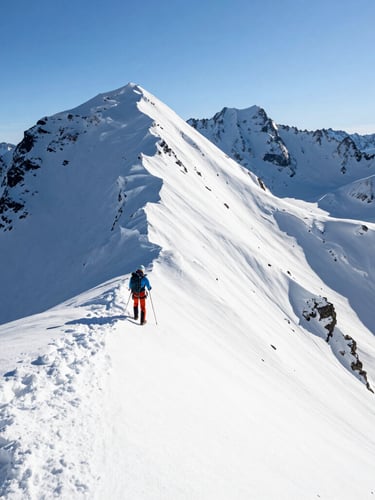 Crisp alpine photography, wide-angle shot of a professional guide in technical gear standing on a pristine Selkirk mountain ridge, bright winter sunlight, sharp details, 35mm lens.
