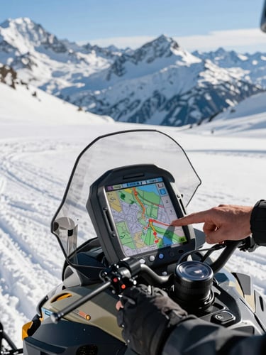 Crisp alpine photography, close-up of a guide analyzing a GPS map on a snowmobile console, bright winter sunlight, sharp details, 35mm lens.