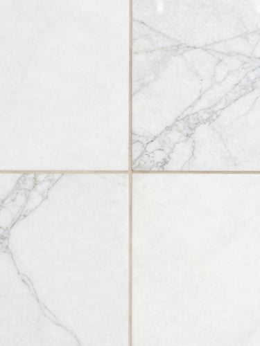 Macro architectural photography of clean white marble tile with crisp grey veins, bright natural daylight, clean reflections, sharp focus