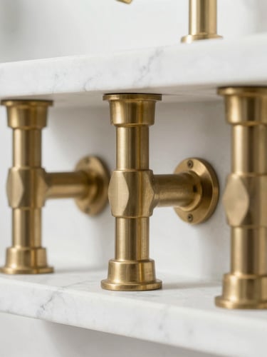 Macro straight-on shot of clean raw brass fixtures meeting white Italian marble under bright natural daylight, sharp focus, 35mm lens