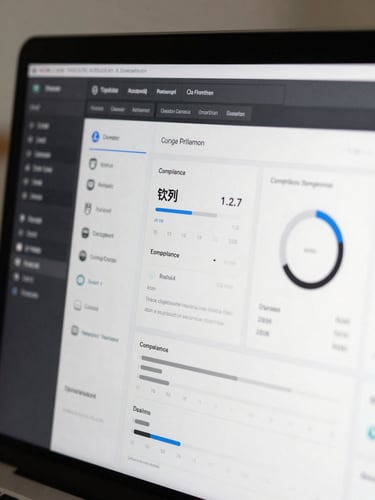 Macro shot of a clean, modern software dashboard displaying data compliance metrics, monochrome slate interface, sharp focus, neutral daylight.