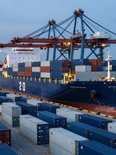 A massive cargo ship docked at a modern industrial port at dusk, neat rows of blue and white shipping containers, cool high-contrast lighting, wide cinematic 21:9 framing.
