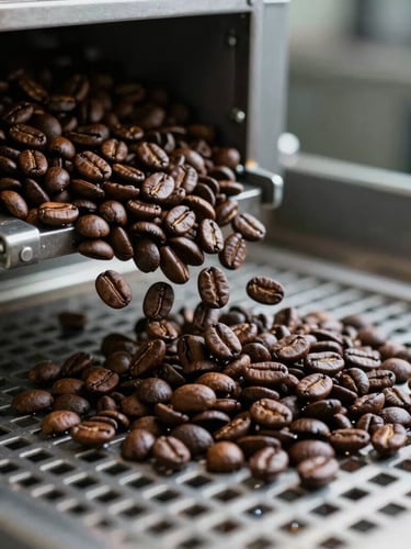 Close-up of high-quality bulk coffee beans cascading through a metal sorting grate at a processing facility, cool industrial lighting.