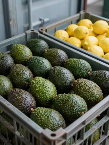 Tight, structured close-up of high-quality green avocados and fresh lemons packed in neat export crates inside a temperature-controlled shipping container, cool daylight lighting.
