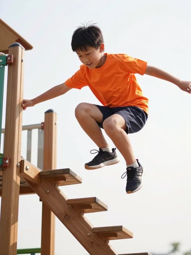 Low-angle action shot of an energetic young boy in a bright orange t-shirt jumping off a wooden playground structure, bright natural sunlight, crisp shadows