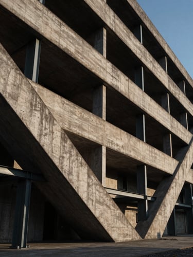 Wide architectural perspective of a brutalist concrete building with sharp diagonal shadows and steel frames, low-key dramatic side-lighting at dusk.
