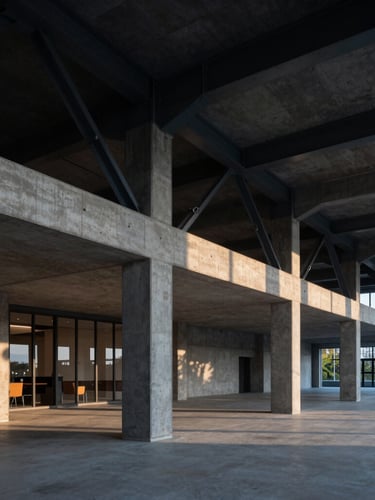 Wide architectural perspective of concrete and dark steel structural beams, sharp shadows, low-key dramatic side-lighting, executive boardroom atmosphere at dusk, no people.