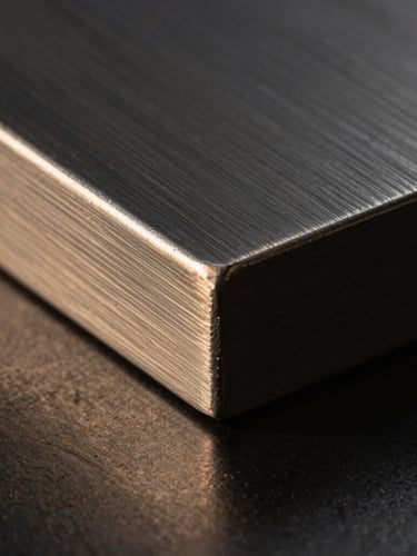 Macro close-up of dark brushed steel plates meeting at a sharp geometric angle, dramatic side-lighting, champagne gold reflections on the metallic edges
