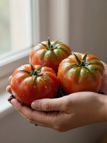 Close-up of hands holding fresh soil and newly harvested heirloom tomatoes, soft morning side light, warm editorial gastronomy photography style