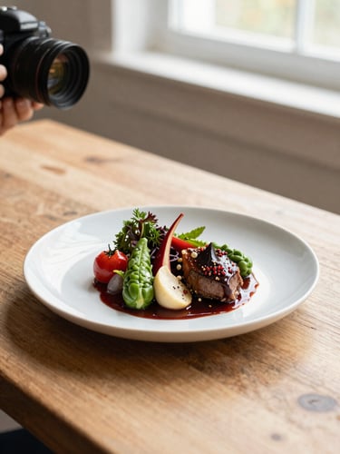 A professional photographer capturing a beautifully plated dish with fresh ingredients on a light rustic wooden table, soft morning window light, warm editorial gastronomy photography, 35mm