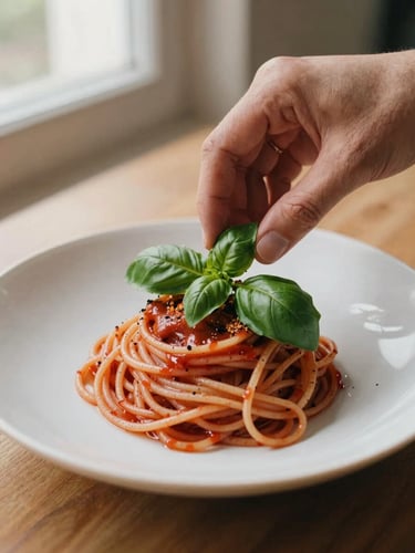 Hands carefully placing a fresh basil leaf on a minimalist pasta dish, soft natural side lighting, warm tones, fine dining, 35mm photography