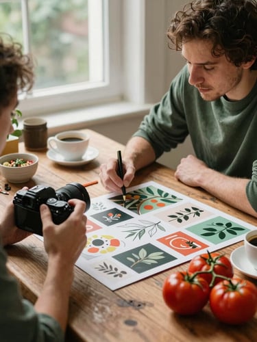 Two creative professionals, a photographer and a digital strategist, discussing a moodboard over a rustic wooden table with fresh tomatoes and coffee cups, soft natural light, warm editorial style