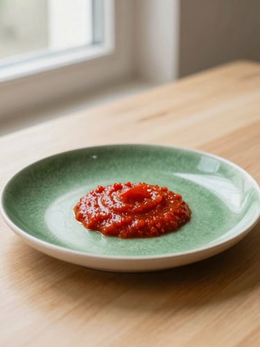A minimalist plated dish on a light wooden table, soft morning window light from the side, rich crimson accent of a fresh tomato sauce, clean Scandinavian composition, 35mm