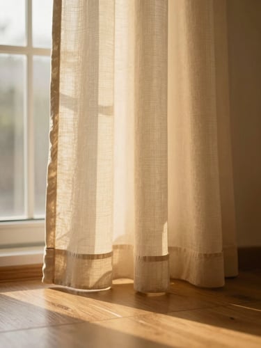 Close-up of a rod pocket curtain filtering soft golden hour morning light onto a wooden floor, shallow depth of field, 35mm