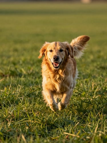 Happy golden retriever running joyfully across a wide green lawn, dog-eye level, warm natural golden-hour daylight, shallow depth of field
