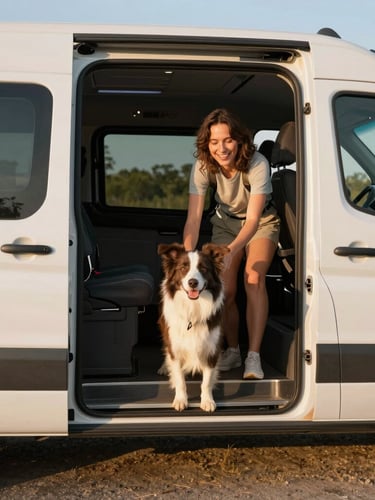 Happy border collie boarding a modern, well-ventilated pet shuttle van, friendly handler smiling, warm natural daylight