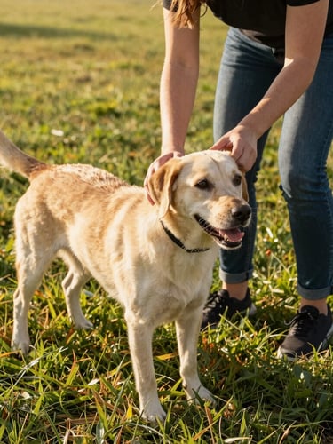 Caregiver gently interacting with an active dog on the grass, dog-eye level, warm natural daylight