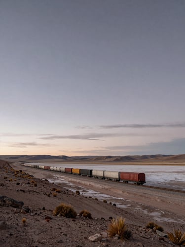 Wide panoramic view of the Bolivian altiplano at dawn, a freight route stretching to the horizon left of frame, vast open sky above, earth tones of salt and dust, natural overcast light