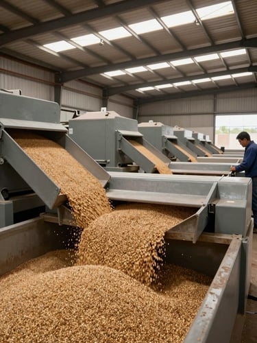Wide environmental shot of a Bolivian grain cleaning and sorting facility interior, bulk quinoa moving through industrial sieves under warehouse natural-daylight skylights, machinery in mid-ground, no posed workers