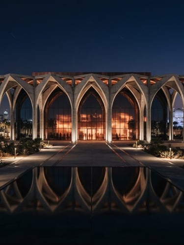 Wide-angle architectural symmetry of a modern diplomatic pavilion in Abu Dhabi, sharp geometric concrete arches, dramatic low-key twilight lighting with warm copper reflections on dark glass facade, 35mm.