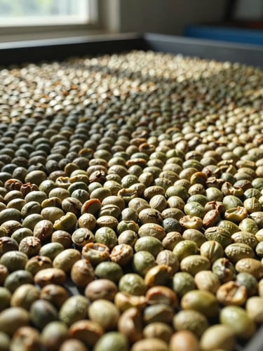Extreme close-up of raw Indonesian green coffee beans spread across a sorting tray, natural daylight from a side window casting sharp shadows across the bean surface, showing uniform size and moisture-controlled condition, West Java processing facility background softly out of focus