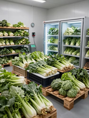 Wide-angle view inside a cold storage facility, stacked crates of sorted green vegetables on pallets under cold-chain refrigeration units, temperature monitoring gauges visible on the wall, natural industrial lighting, no people posed for camera