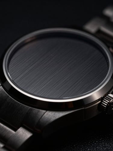 Close-up of a brushed midnight-black watch case, sharp metallic edges catching dramatic studio rim light, dark luxury product photography.