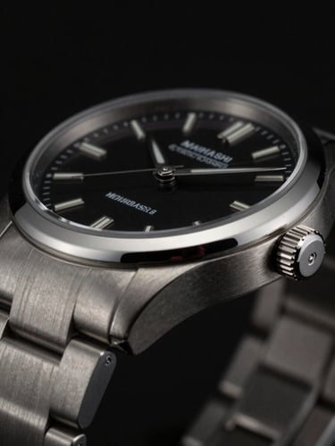 Macro close-up of a MaimAshi luxury watch styled on a wrist in a low-key, dramatic studio environment, emphasizing the polished metallic surfaces.