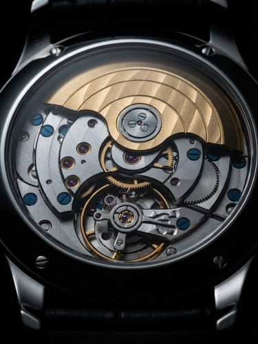 Macro photography of watch mechanical movement through exhibition caseback, sharp rim lights, deep black background